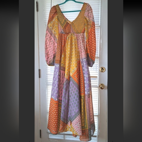 RARE VINTAGE PATCHWORK BANDANA PRINT MAXI DRESS 1970's BOHO HIPPIE SIZE XS / S - Picture 2 of 8
